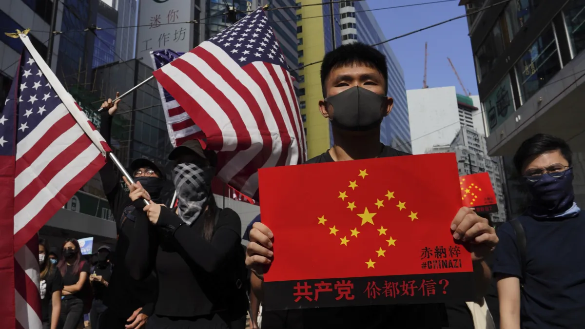 2019年9月,香港反送中衝突持續升級,示威者批北京政權是「赤納粹」(CHINAZI)(AP)