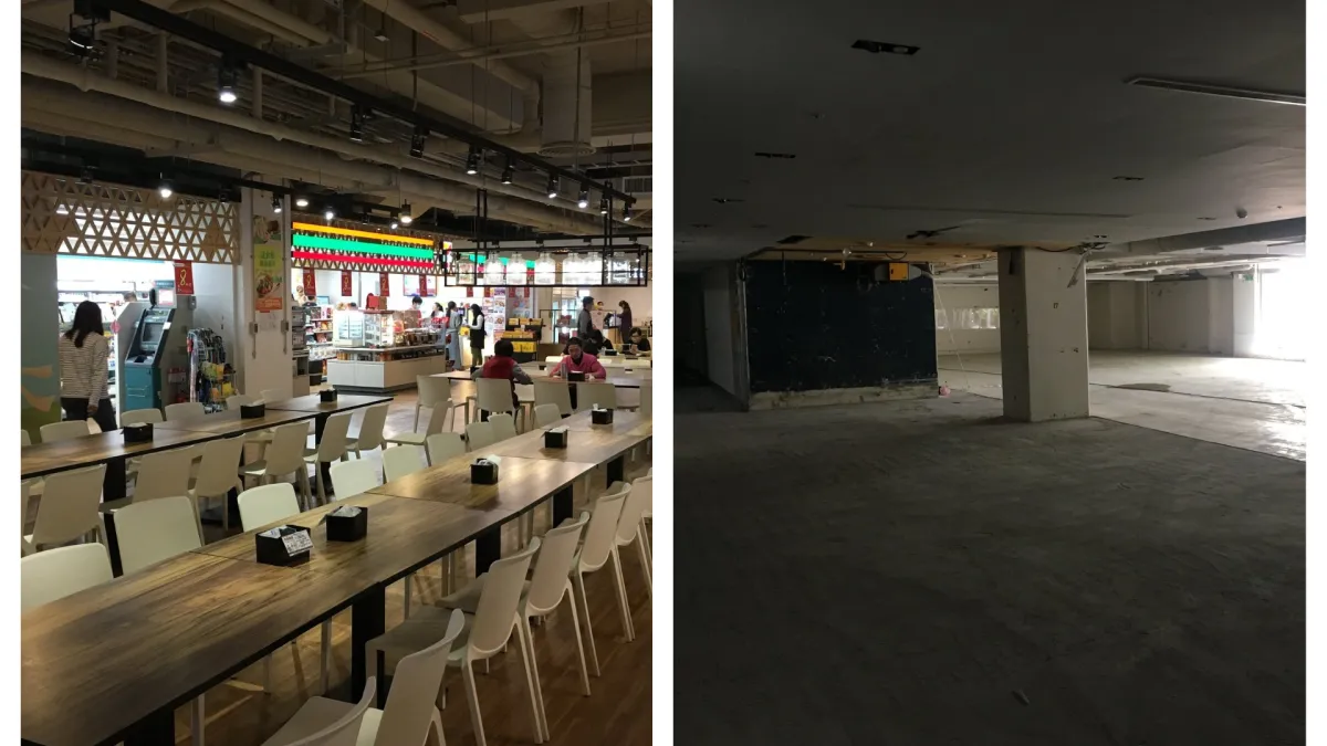 拆除前與拆除後:和碩員工餐廳(左)是違建,在柯文哲發飆「我帶隊拆」後已自行拆除,恢復停車場使用(右)。(相片取自柯文哲臉書,風傳媒合成)