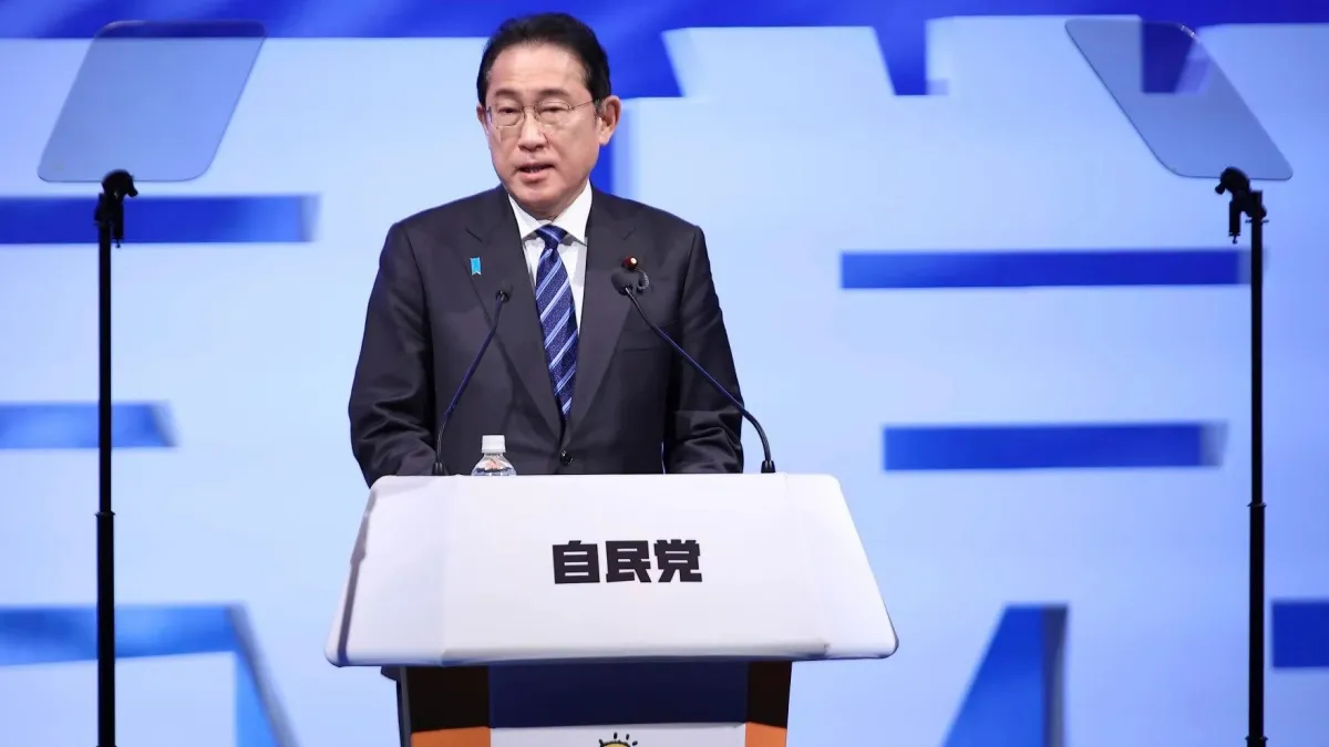 2024年3月17日,日本首相兼自民黨總裁岸田文雄在自民黨大會發表演說。(美聯社)