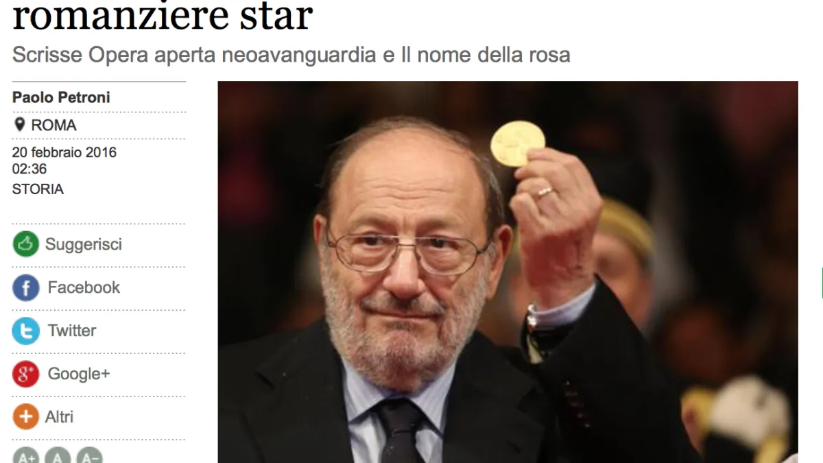 義大利符號學家、知名小說家艾柯逝世(Umberto Eco)。