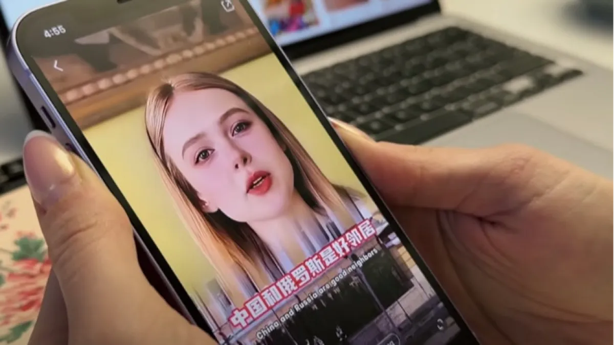 烏克蘭美女網紅奧爾嘉(Olga Loiek)被AI成俄羅斯人,出現在中國小紅書平台賣俄羅斯商品。(取自微博)