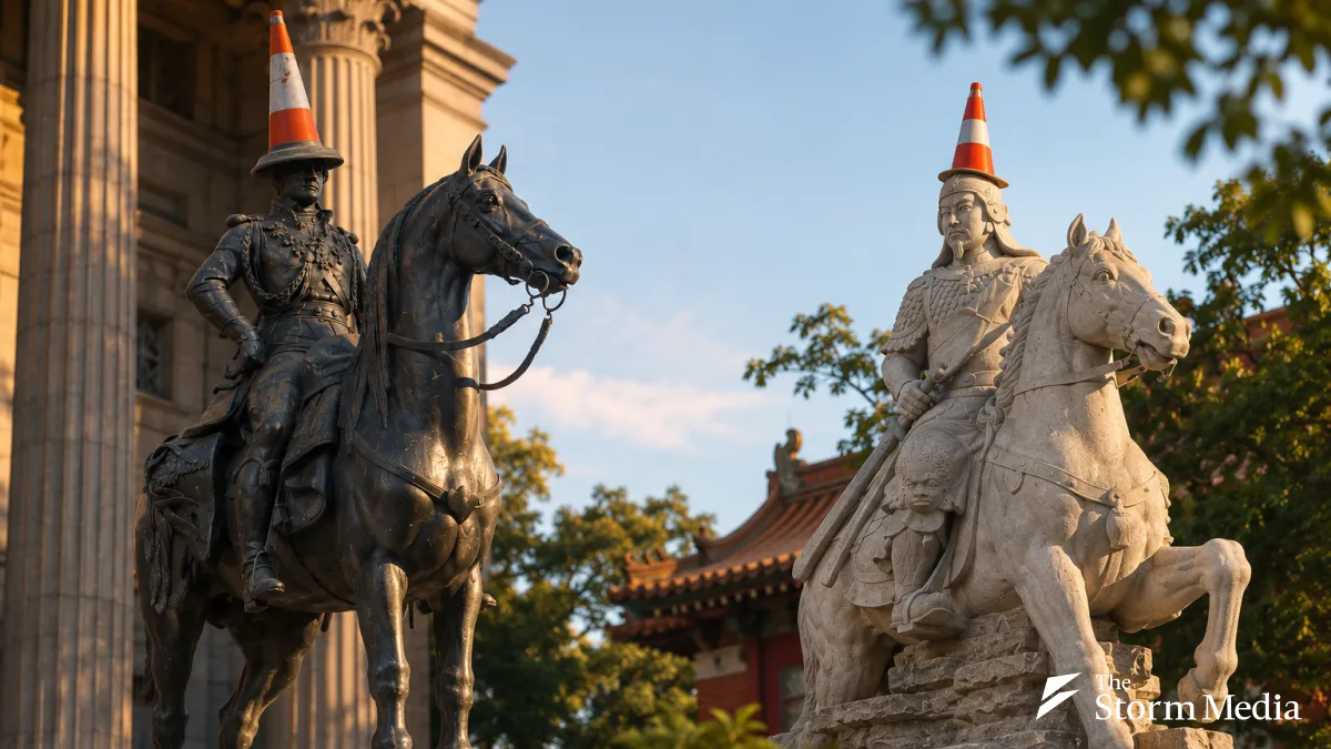 The equestrian statue of Zheng Chenggong in Tainan, Taiwan (right), recently had a traffic cone placed on its head, drawing immediate comparisons to Glasgow's iconic coned Duke of Wellington. (Composite image: Tainan Style/Facebook, Wikipedia)