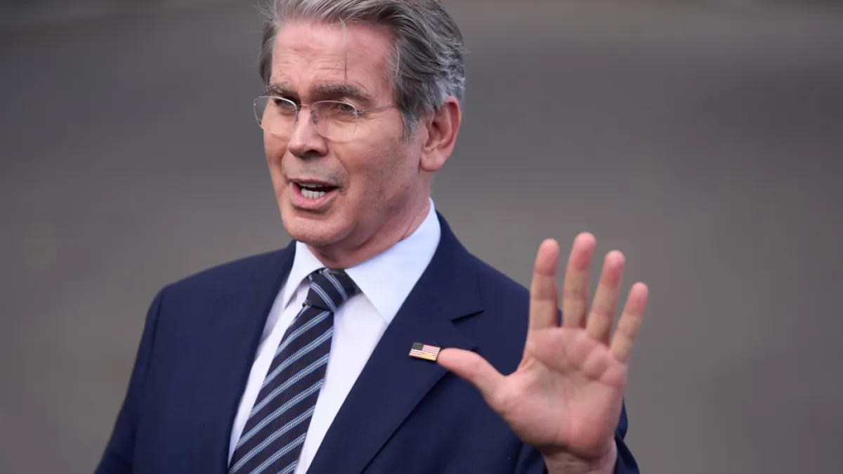 U.S. Treasury Secretary Scott Bessent speaks to reporters at the White House. The Treasury announced it would at least double its monthly bond buyback program to help push down long-term yields. (AP)