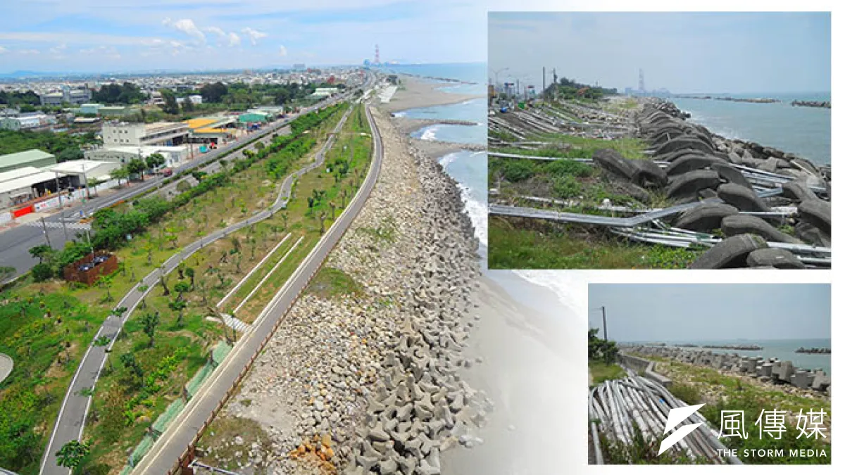 在高雄縣市合併前,高雄市茄萣海岸養殖業的管線隨處橫陳(小圖),後來經過整頓,才重現海岸的美麗本色(大圖)。(高雄市政府水利局提供)