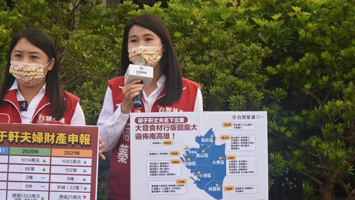 台灣基進高雄市議員候選人楊佩樺(左)及李雨蓁(右)到監察院調閱邱于軒的財產申報,發現她上任一年暴富千萬。(台灣基進提供)