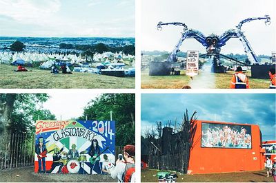 左上/在山坡幾乎可以眺望 Glastonbury Festival 全區景觀,錯落的白色帳篷提供表演團隊租用與休息。 右上/ 音樂節中最具代表性的巨型裝置,特殊的大蜘蛛造型藏了許多機關,頭頂是 DJ臺,腳上的光束在夜裡四射。 左上/在山坡幾乎可以眺望 Glastonbury Festival 全區景觀,錯落的白色帳篷提供表演團隊租用與休息。 右上/ 音樂節中最具代表性的巨型裝置,特殊的大蜘蛛造型藏了許多機關,頭頂是 DJ臺,腳上的光束在夜裡四射。