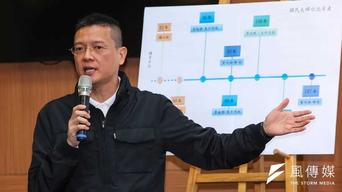 韓國瑜競選辦公室副執行長孫大千(見圖)15日召開「直球對決!韓氏夫婦房產一次公開!下一位,蔡英文輪妳了?」記者會,公布國民黨總統參選人韓國瑜夫妻房產相關資料。(顏麟宇攝)
