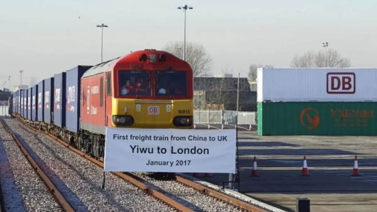 第一列從中國浙江義烏市啟程的貨運列車抵達倫敦。(BBC中文網)