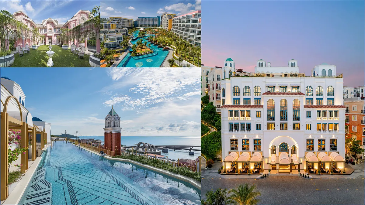 粉色庭院、蜿蜒泳池與面海無邊際景觀交織成度假風景,宛如把義大利海岸搬進富國島,每一個角落都寫滿陽光與假期的期待。(圖/鴻毅旅行社)