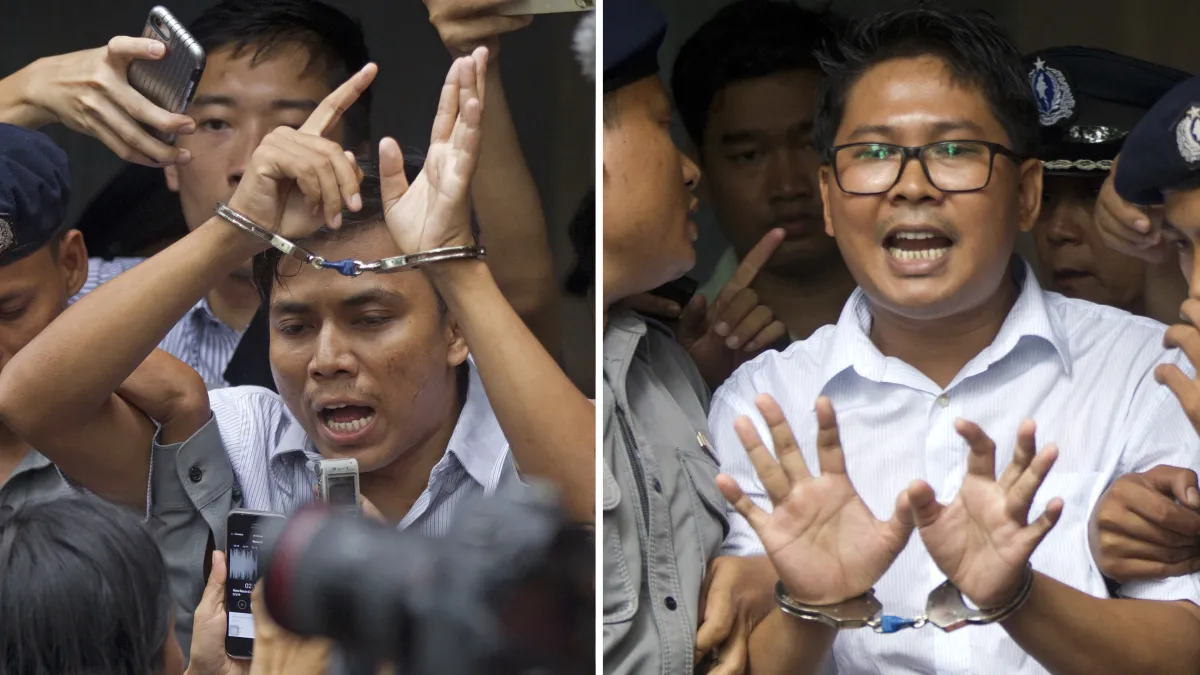 兩名被逮捕的路透社記者,2名路透社記者瓦隆(右)及吳覺梭(左)。(AP)