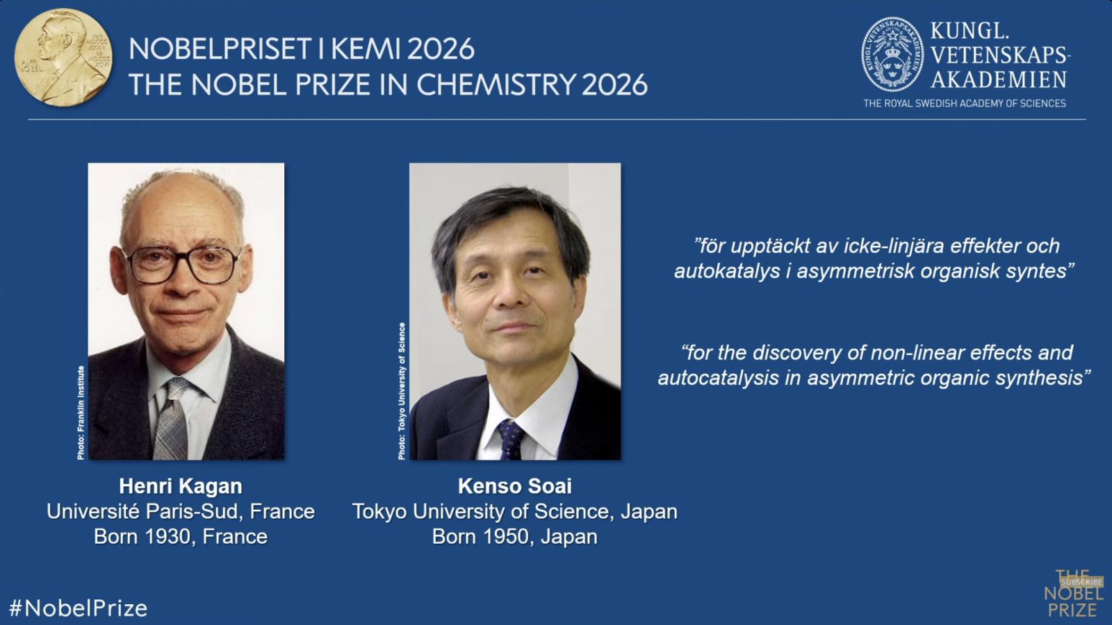 2026諾貝爾化學獎揭曉!破解分子「左右手」之謎,亨利卡甘與硤合憲三共享殊榮