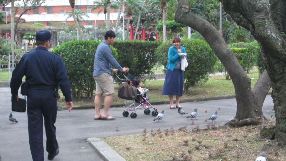 台北市公園駐警勸導取締民眾餵食野鴿。(台北市政府提供) 台北市公園駐警勸導取締民眾餵食野鴿。(台北市政府提供)