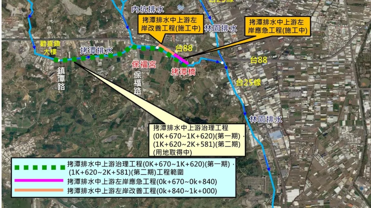 高市府水利局辦理「拷潭排水中上游治理工程」第一期、第二期用地取得作業,預計109 年底取得工程所需用地、110年開工、112年3月完工,圖為拷潭排水中上游改善用地範圍。(圖/水利局提供)