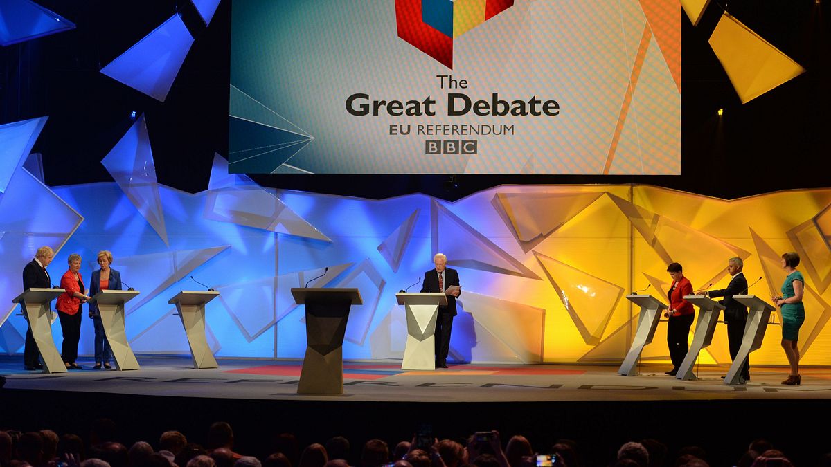 英國退歐公投今日鳴槍、明分勝負,美元弱勢盤。脫歐公投辯論。(美聯社) 英國退歐公投今日鳴槍、明分勝負,美元弱勢盤。脫歐公投辯論。(美聯社)