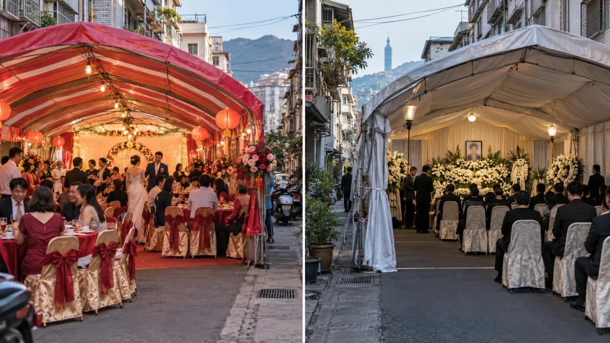 在台灣一些鄉鎮或老社區,遇到結婚、喪禮或廟會,經常可以看到原本平凡的街道、住家前空地突然架起棚子。(示意圖/AI生成)
