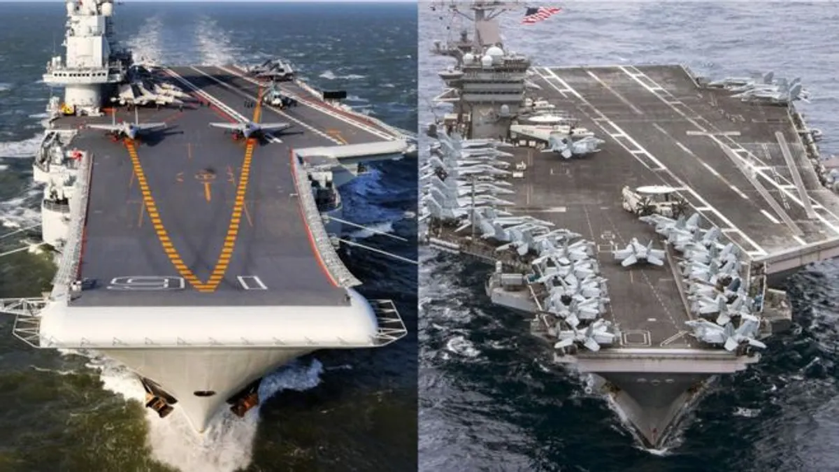 中國的「遼寧號」(左)和美國的「卡爾文森」號航母(右)。專家認為,中美在南海互不相讓,未來發生實質性摩擦的可能性很大(BBC中文網)