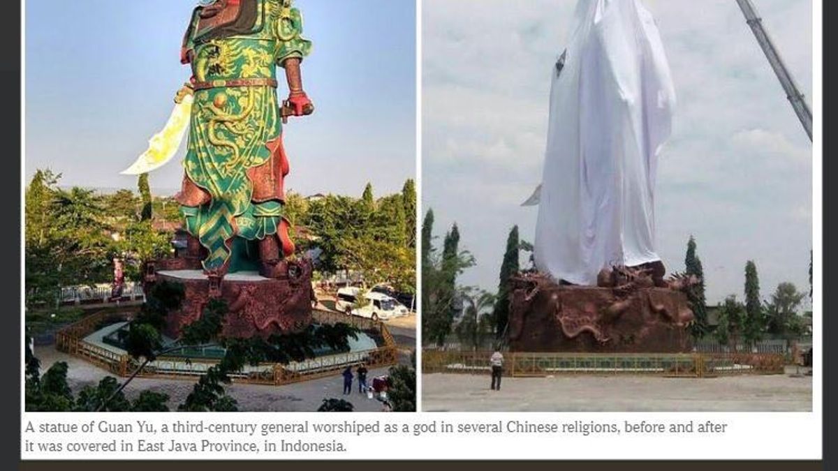 印尼東爪哇的關公像遭到當地穆斯鄰抗議,廟方只得先用白布蓋住。(取自twitter) 印尼東爪哇的關公像遭到當地穆斯鄰抗議,廟方只得先用白布蓋住。(取自twitter)