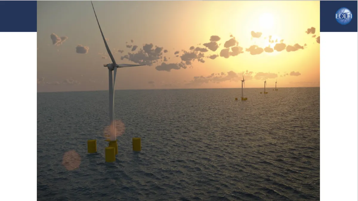 離岸風電在台灣是否可行?不是擁核者說了算。圖為EOLFI在法國西海岸浮動式離岸風電的示意圖(EOLFI提供)