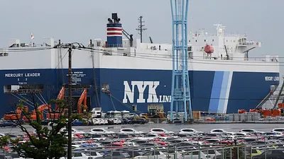 停放在橫濱港準備出口的日本汽車。(美聯社)