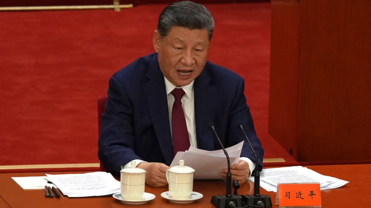 Chinese President Xi Jinping (習近平) delivers a speech at a ceremony marking the 105th anniversary of the founding of the Chinese Communist Party at the Great Hall of the People in Beijing on July 1, 2026. (AP)
