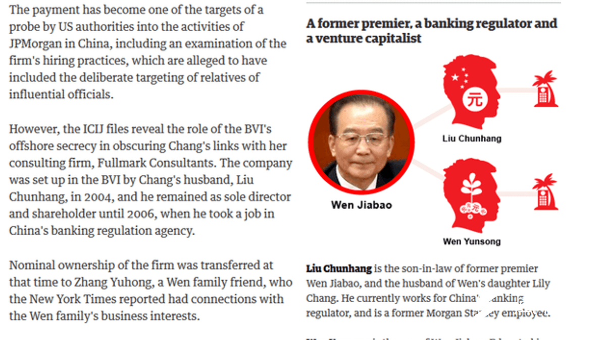 衛報報導中國官二代海外藏富,網站在中國遭查封。(取自衛報網站) 衛報報導中國官二代海外藏富,網站在中國遭查封。(取自衛報網站)