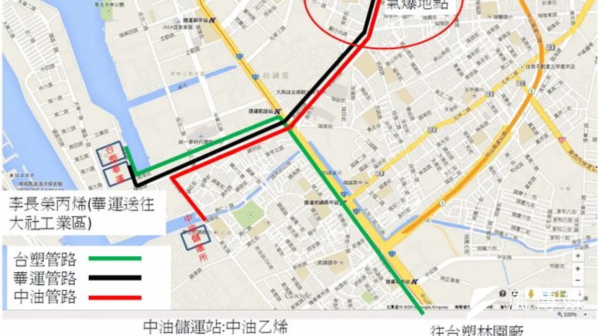 根據台塑公布的地下管線路徑圖,經過氣爆地點的管線主要為中油管路與華運管路,而華運管路就是李長榮委託運送丙烯的管線。(取自台塑網站)