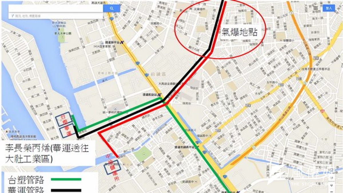 根據台塑公布的地下管線路徑圖,經過氣爆地點的管線主要為中油管路與華運管路,而華運管路就是李長榮委託運送丙烯的管線。(取自台塑網站) 根據台塑公布的地下管線路徑圖,經過氣爆地點的管線主要為中油管路與華運管路,而華運管路就是李長榮委託運送丙烯的管線。(取自台塑網站)