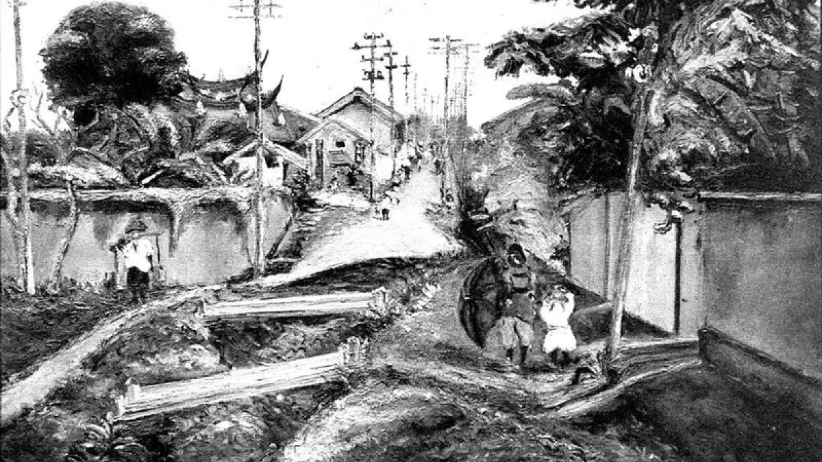 嘉義町中,陳澄波1926年畫作,入選帝國美展,原作於二二八事件時佚失,現存黑白照片。(LY/維基百科)