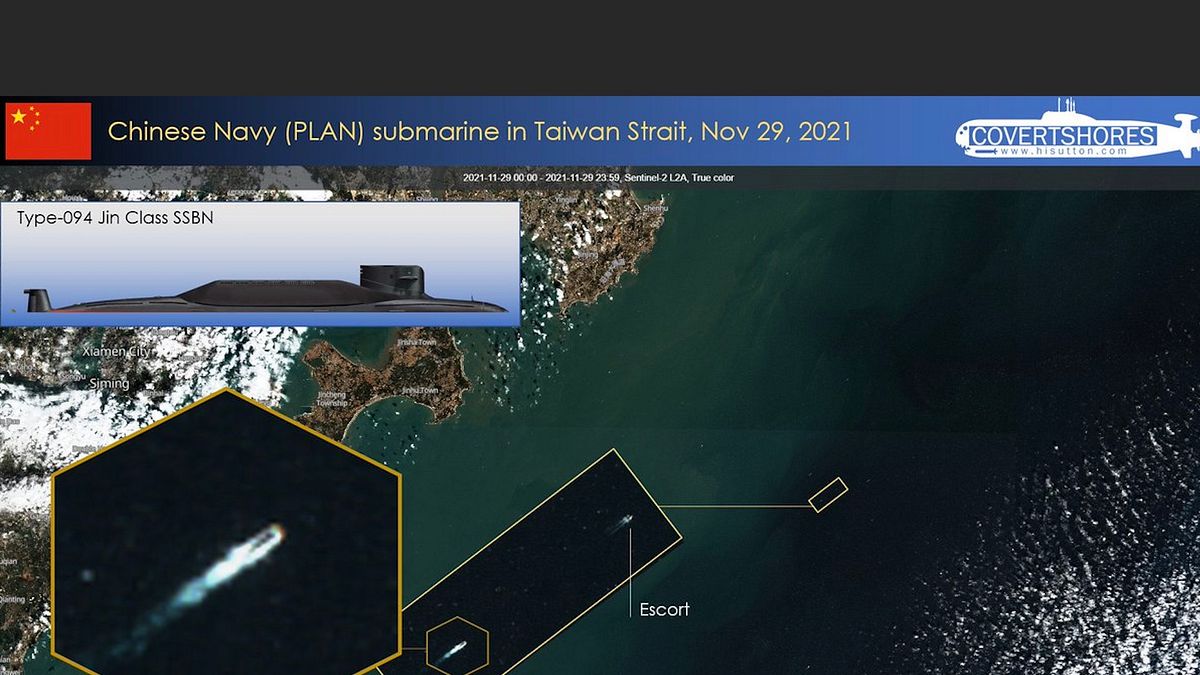 解放軍094型核動力潛艦11月29日在台灣海峽上浮往北航行。(翻攝H I Sutton推特) 解放軍094型核動力潛艦11月29日在台灣海峽上浮往北航行。(翻攝H I Sutton推特)