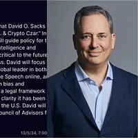 トランプ氏が元PayPal最高執行責任者・デービッド・サックス氏を「ホワイトハウスAI・暗号通貨皇帝」に任命。(X @TheChiefNerdより転載) トランプ氏が元PayPal最高執行責任者・デービッド・サックス氏を「ホワイトハウスAI・暗号通貨皇帝」に任命。(X @TheChiefNerdより転載)