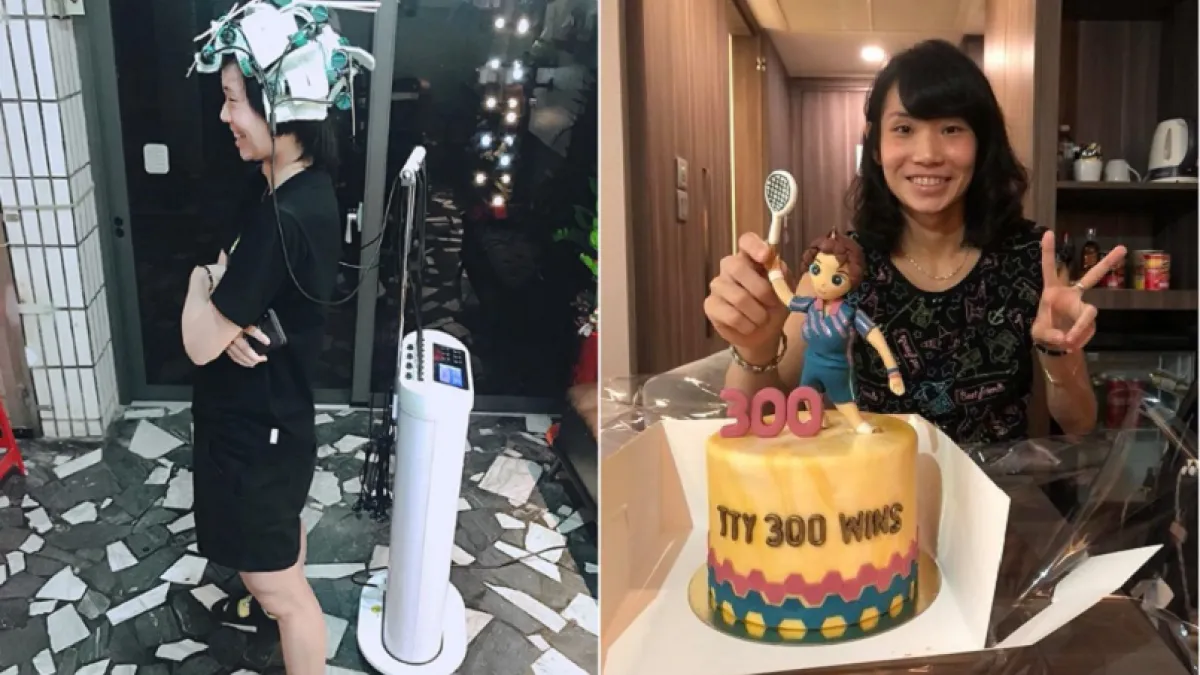戴資穎最近收到粉絲慶賀300勝蛋糕,也發布站著燙頭髮搞笑照片與粉絲同樂。(圖取自戴資穎臉書與IG)