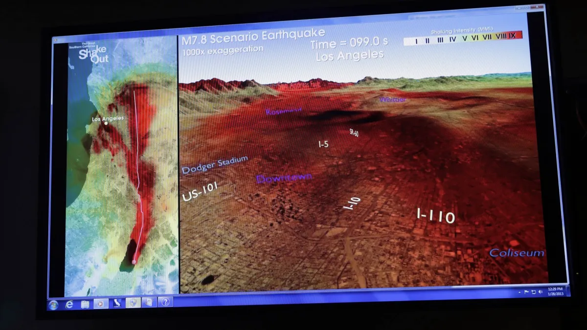 美國研究團隊展示加州洛杉磯的地震波。(AP)