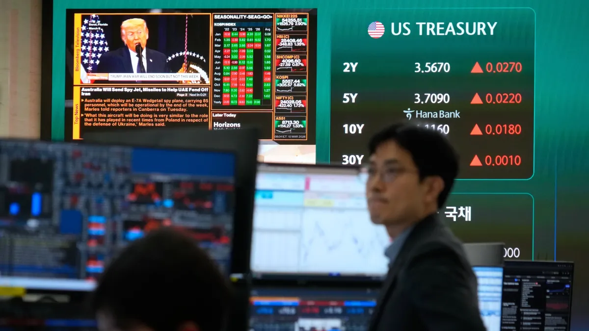 韓國首爾韓亞銀行總部的外匯交易室,螢幕上正在播放美國總統川普的新聞。(美聯社)
