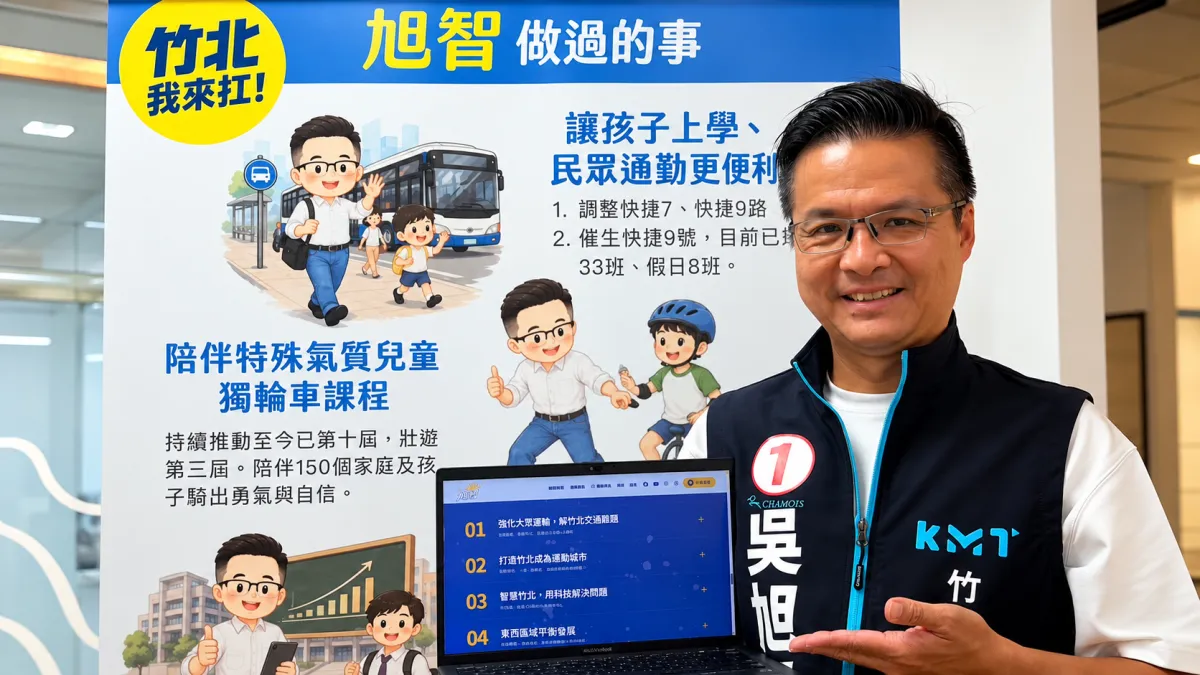 吳旭智展示個人官網,表示網站整理六大施政願景與過去8年服務紀錄,供市民查閱檢驗。 (照片/吳旭智競辦提供)
