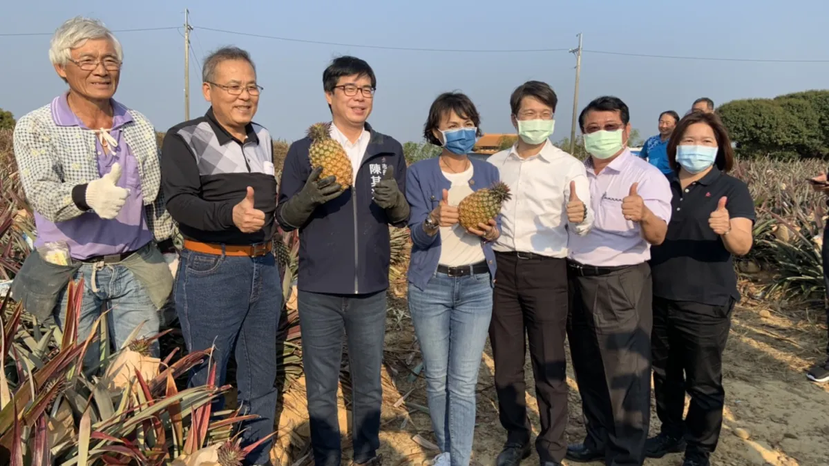 相挺台灣鳳梨,高雄市長陳其邁(左三)會同立委邱議瑩(左四)及大樹區農會張清榮總幹事等人,於26日下午在農會簽訂鳳梨輸澳洲合約。(圖/高雄農業局提供)