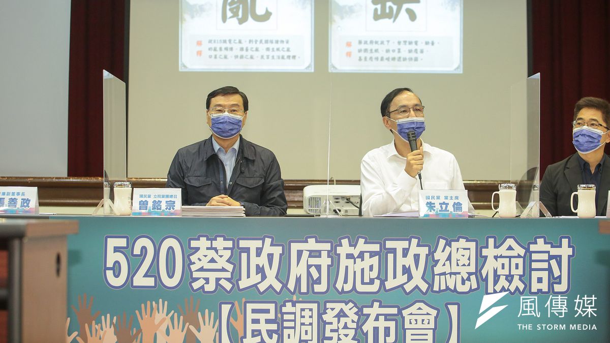 國民黨主席朱立倫(中)、秘書長黃健庭(右)、總召曾銘宗(左)等人13日召開「520蔡政府施政總檢討-民調發布會」。(顏麟宇攝) 國民黨主席朱立倫(中)、秘書長黃健庭(右)、總召曾銘宗(左)等人13日召開「520蔡政府施政總檢討-民調發布會」。(顏麟宇攝)