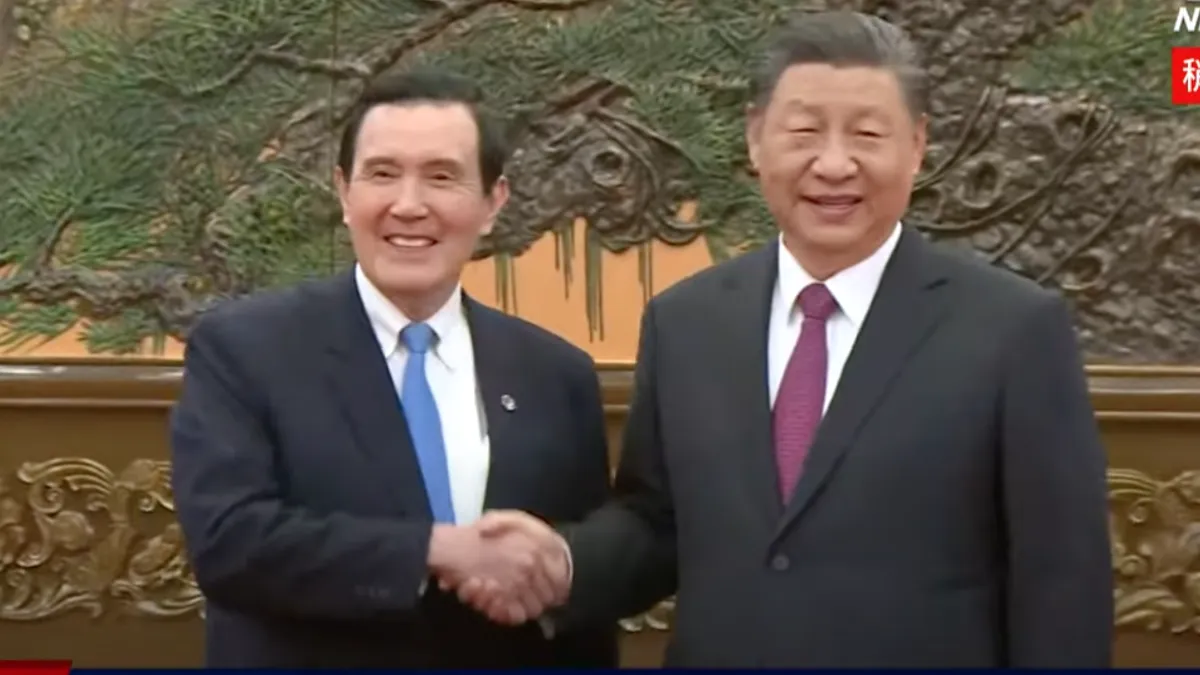 作者認為中共天天喊著和平統一口號,但實際上卻從來沒有提出過任何一個感動人心的政策或事蹟,圖為今年4月10日在北京人民大會堂東大廳登場的「馬習二會」。(圖 / 截自TVBS直播 )