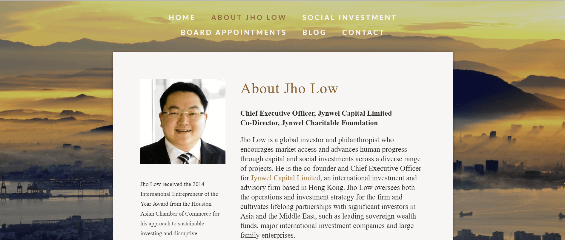 劉特佐涉及一馬基金案被多國追捕，如今行蹤杳然，其官方網站形容他是「一位國際慈善家，投資人及企業家」。（圖片來源：劉特佐個人網站）