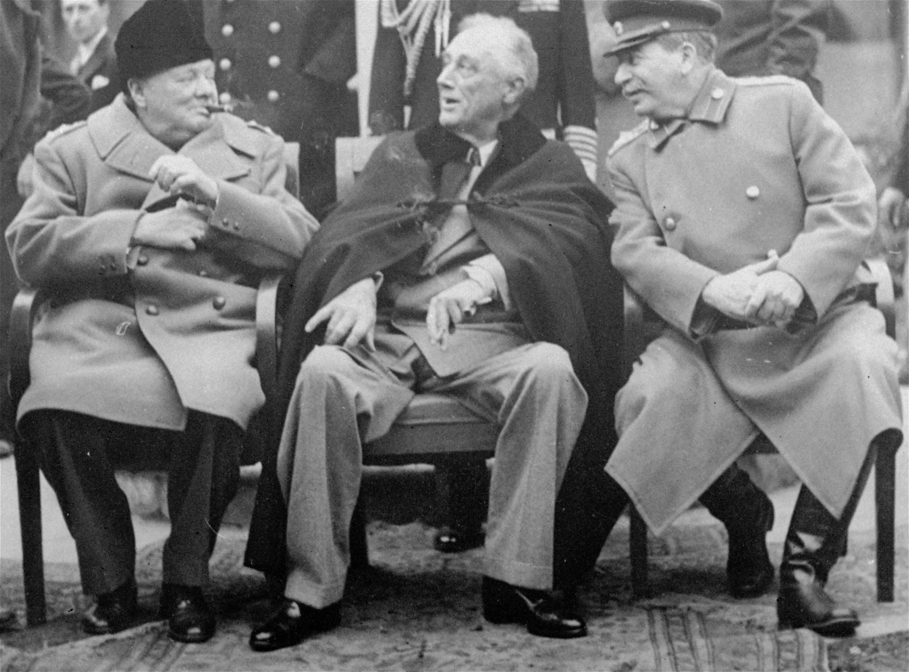 1945年雅爾達会議，世界三大強權領袖美国總統罗斯福、英国首相丘吉尔和苏联人民委员会主席斯大林会面。(美聯社)