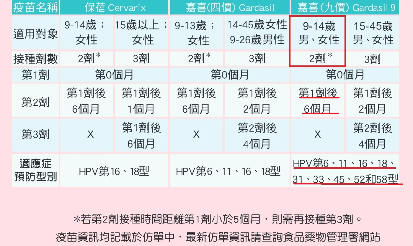 目前國內核准上市的HPV疫苗分二價、四價及九價，依人體臨床試驗結果，接種對象的性別及年齡也有所不同。台北市目前採購供全市國二男生接種的是HPV九價疫疫苗，須相隔6個月接種2劑。（取自國健署網站）