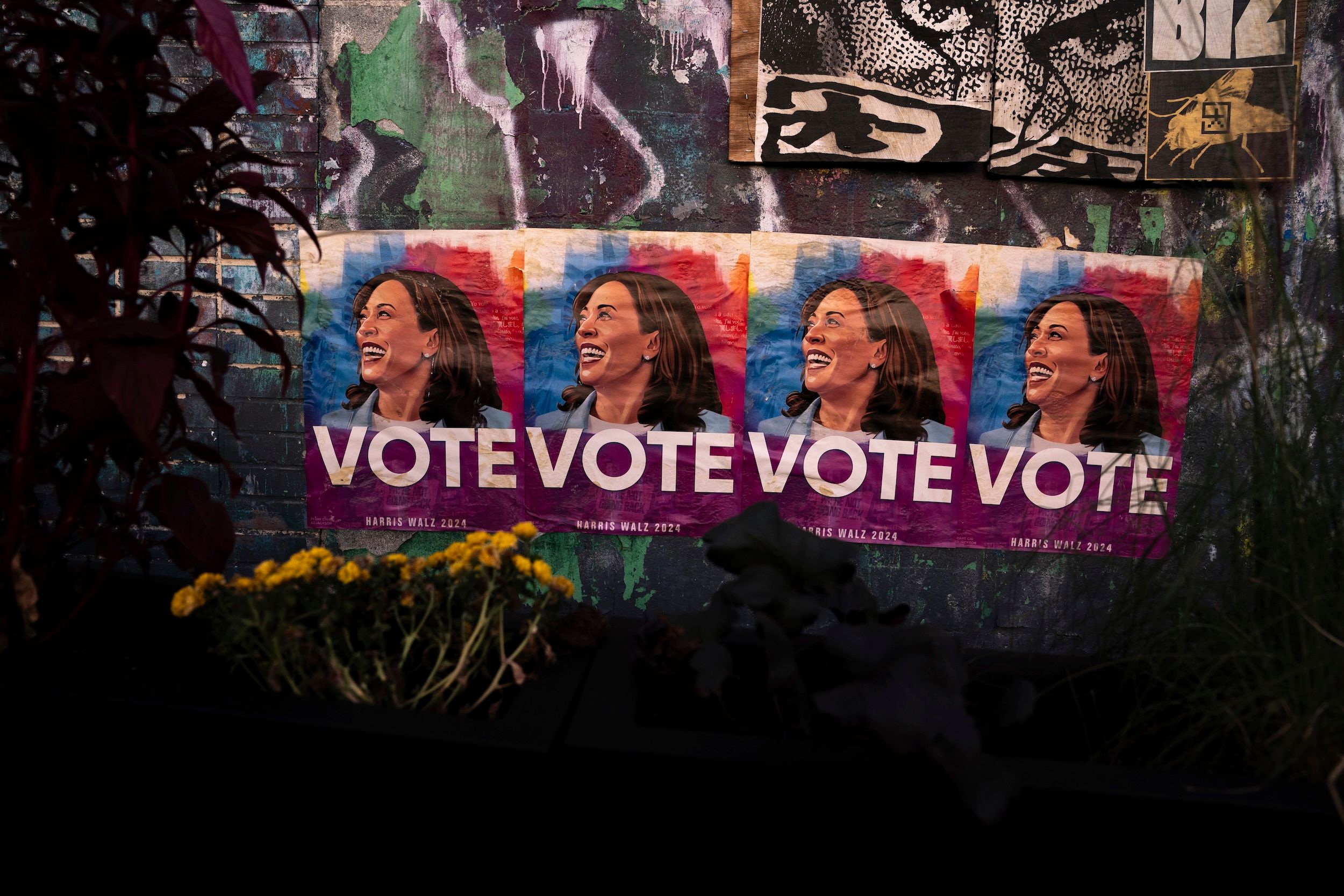 2024年11月6日，賀錦麗在華府的霍華德大學發表落選演說、承認失敗，校園裡還可以見到支持她的海報。（美聯社）