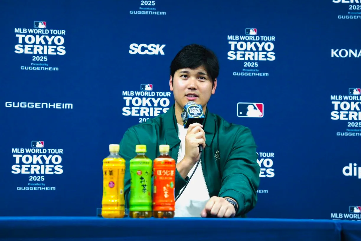 20250318-大谷翔平18日在大聯盟東京海外開幕戰，接受賽後記者會訪問。（張庭瑜攝）