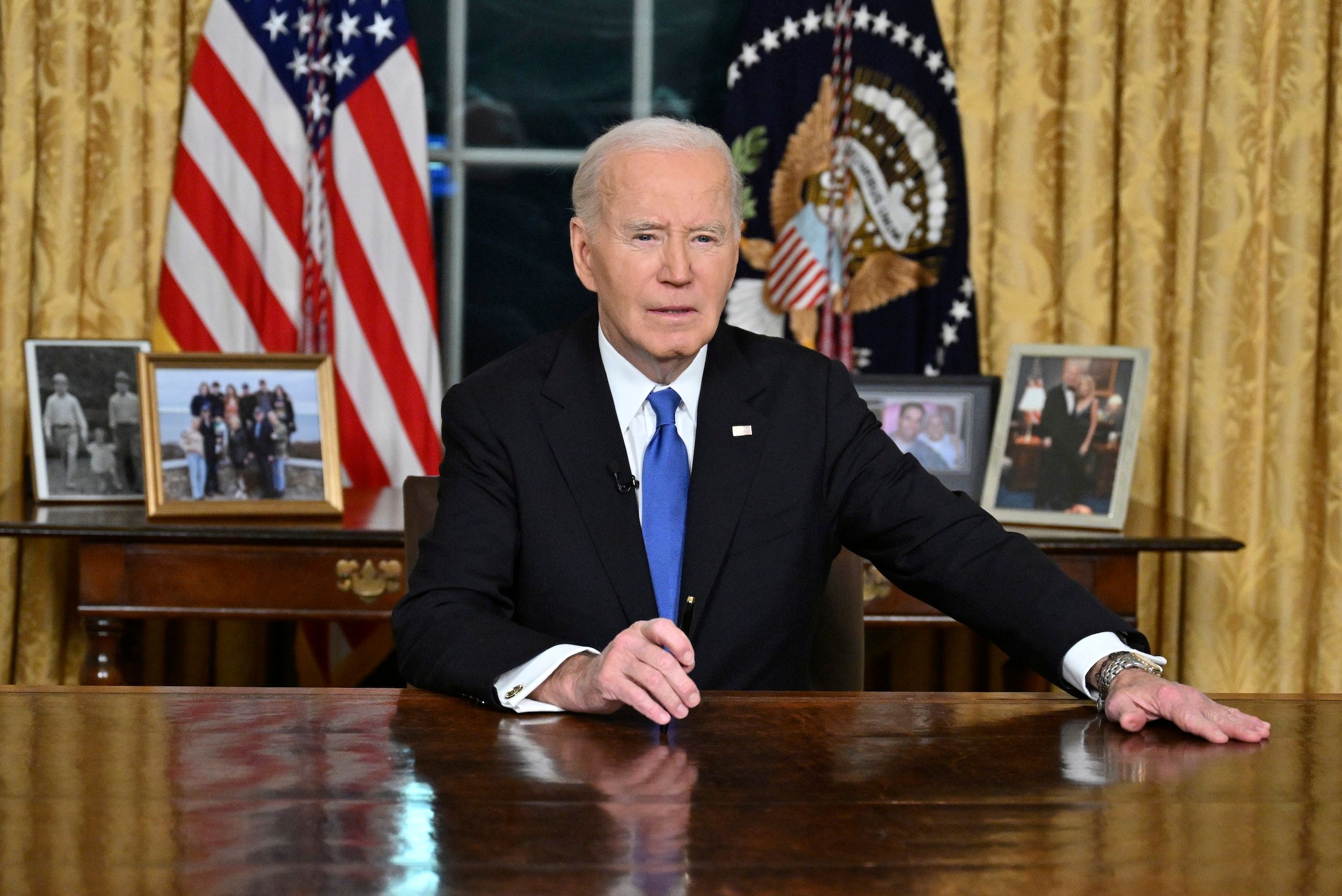 2025年1月15日，美國總統拜登（Joe Biden）在白宮橢圓辦公室發表告別演講。（美聯社）