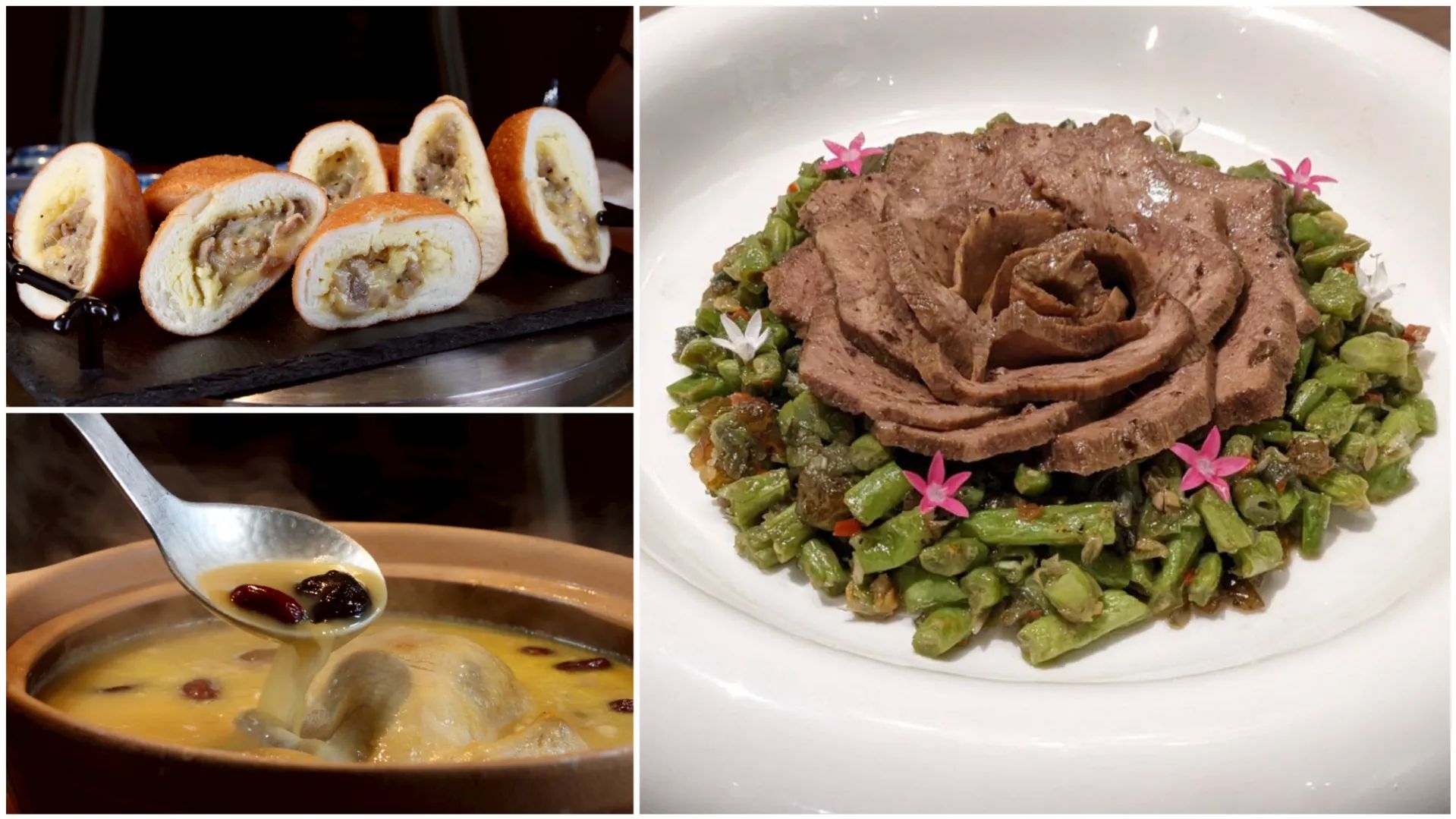 和牛銀絲卷（左上）、黃金雞湯（左下）與四季牛舌花（右）。（圖／網路溫度計提供）