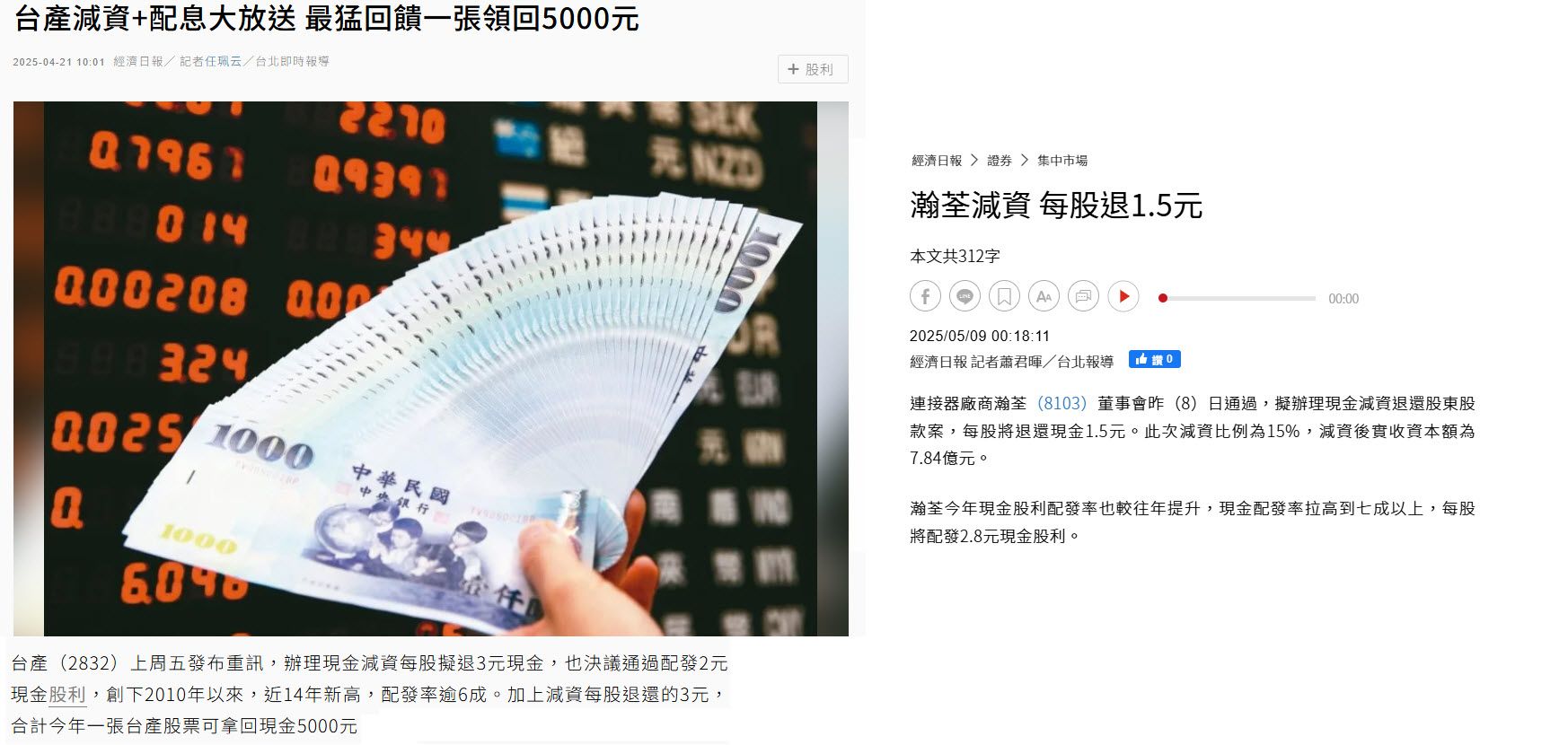 台產與瀚荃今年都有現金股利搭配現金減資的計畫。（圖／玩股網提供）