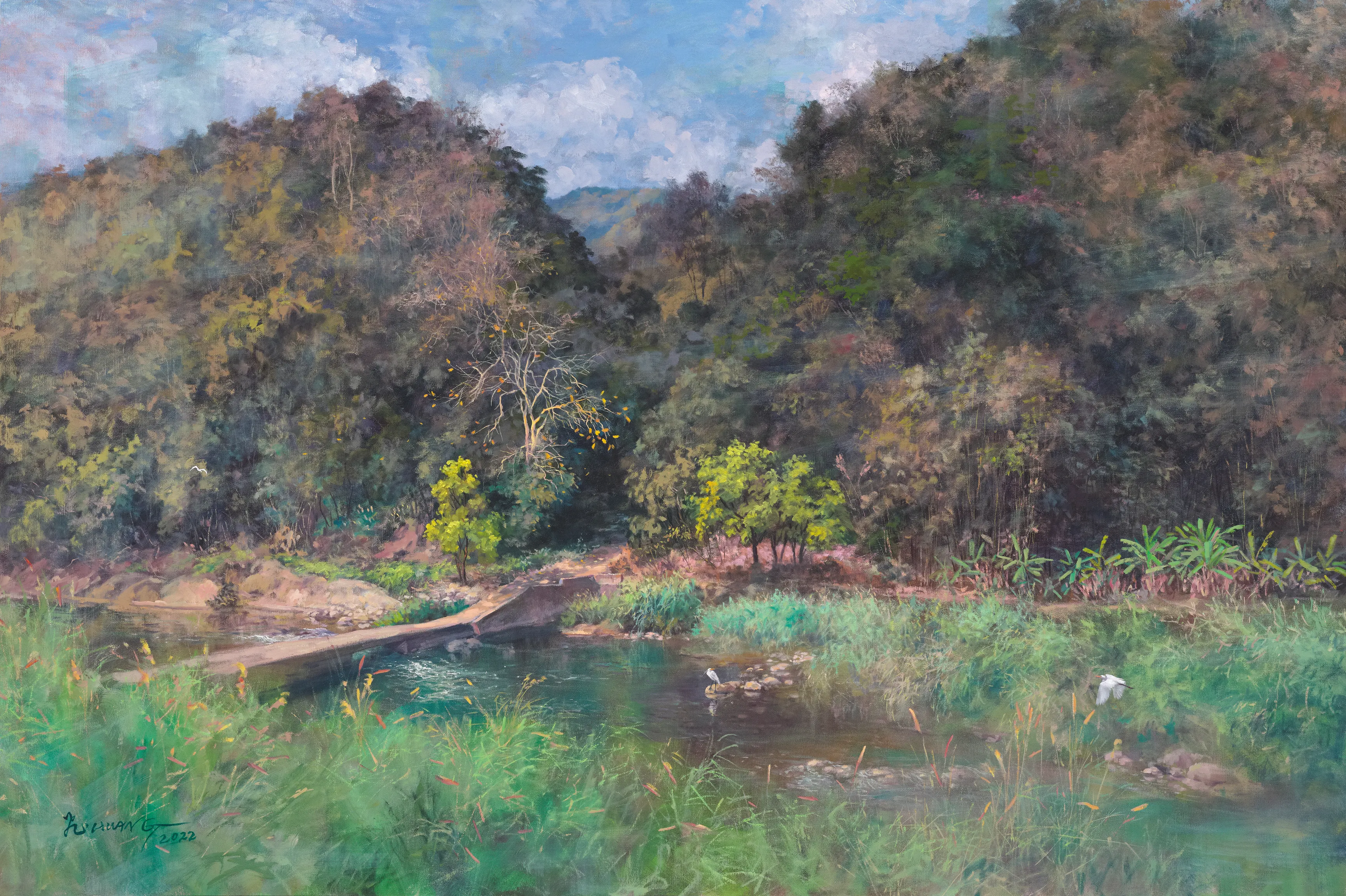 黃飛油彩作品「獅潭牧歌」（作者提供）