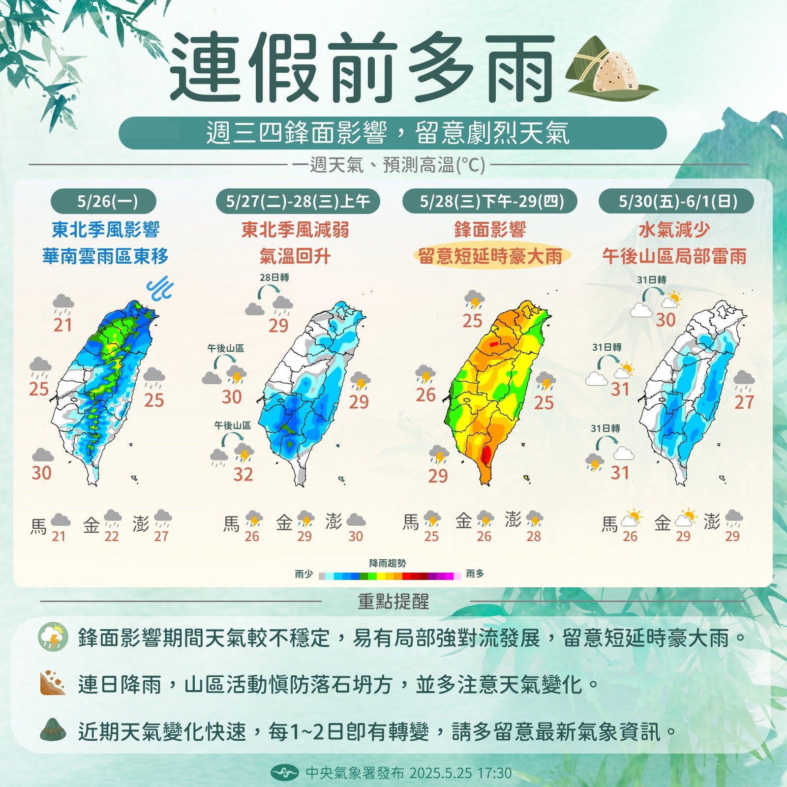 氣象署表示，連假前臺灣附近環境偏濕易有雨，尤其在28、29日鋒面影響間留意短延時強降雨連日降雨。（圖／取自中央氣象署臉書）