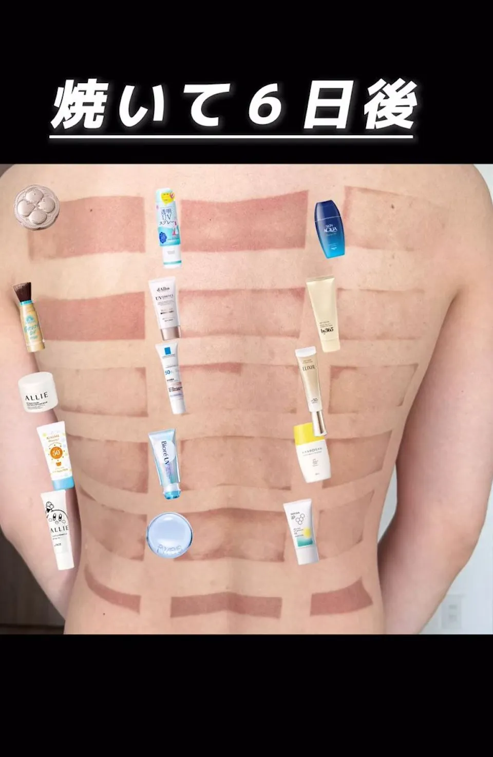 背部擦上15款產品暴曬3小時。(圖/翻攝自shushu_223_@instagram、s_katsuya_@instagram)