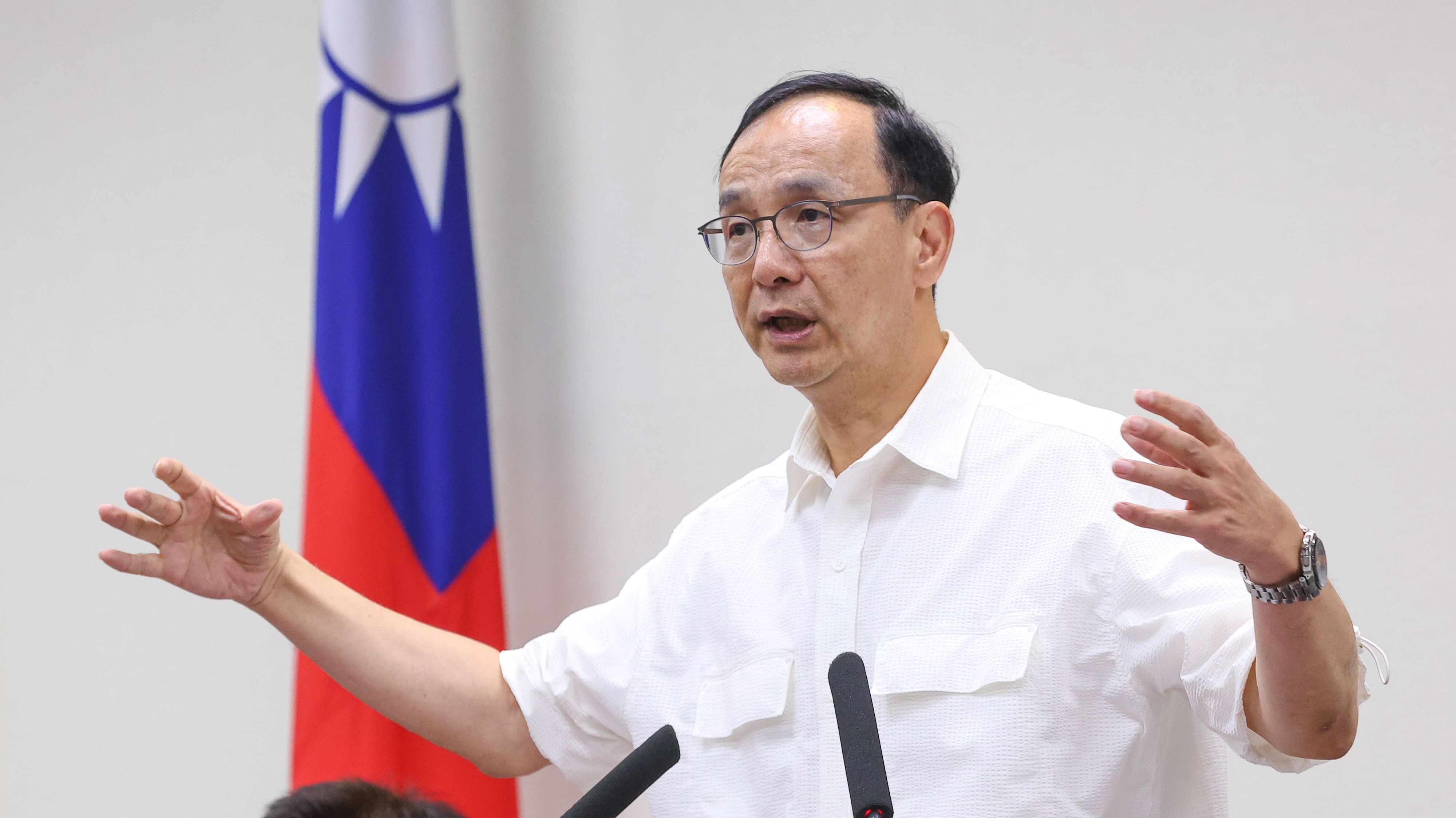 20250528-国民党主席朱立倫28日中常会での発言。（顏麟宇撮影）