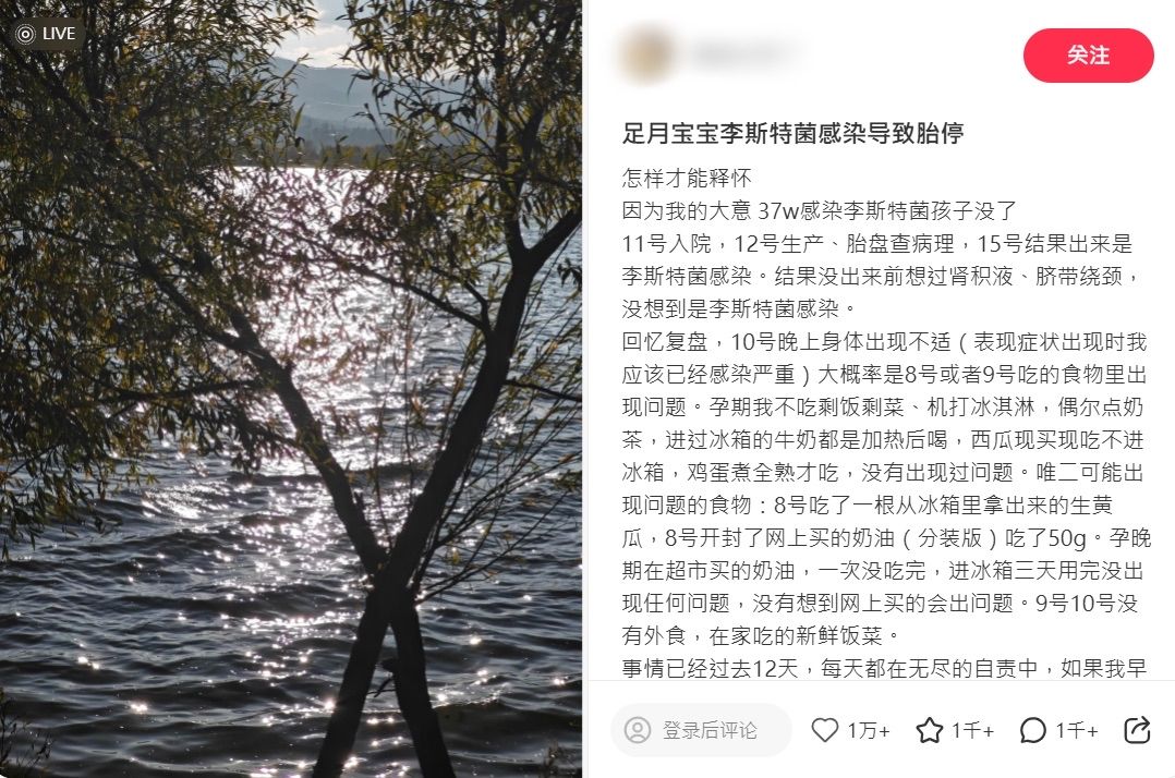 中國一名孕婦近日在社群平台發文表示，自己在懷孕37週時突然感到身體不適，緊急住院後卻發現胎兒已無生命跡象。事後病理報告證實，胎兒死因為李斯特菌感染。（圖／翻攝自小紅書）